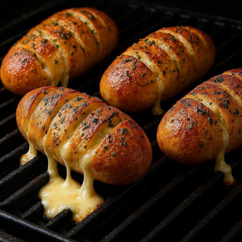Pães de alho recheados com queijo derretendo na grelha.