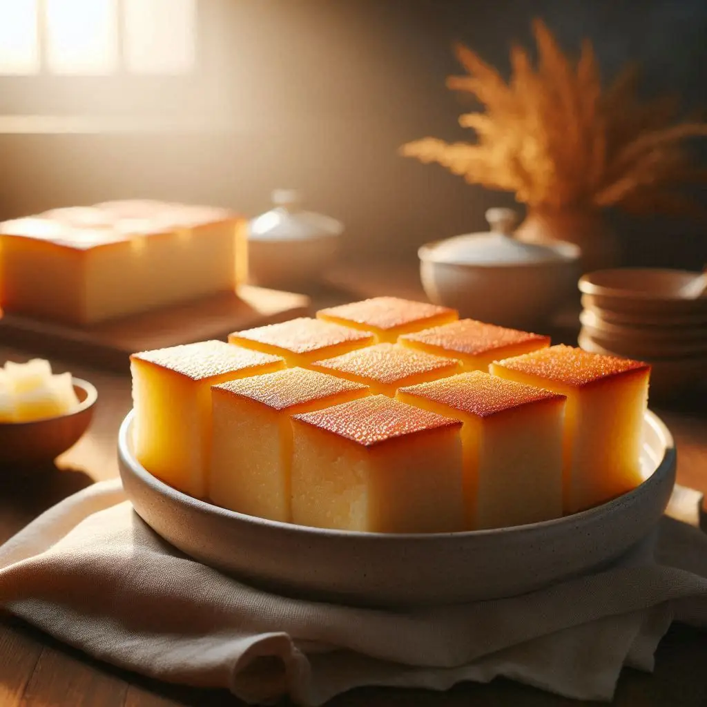 Bolo rústico de mandioca cortado em quadrados sobre prato simples.