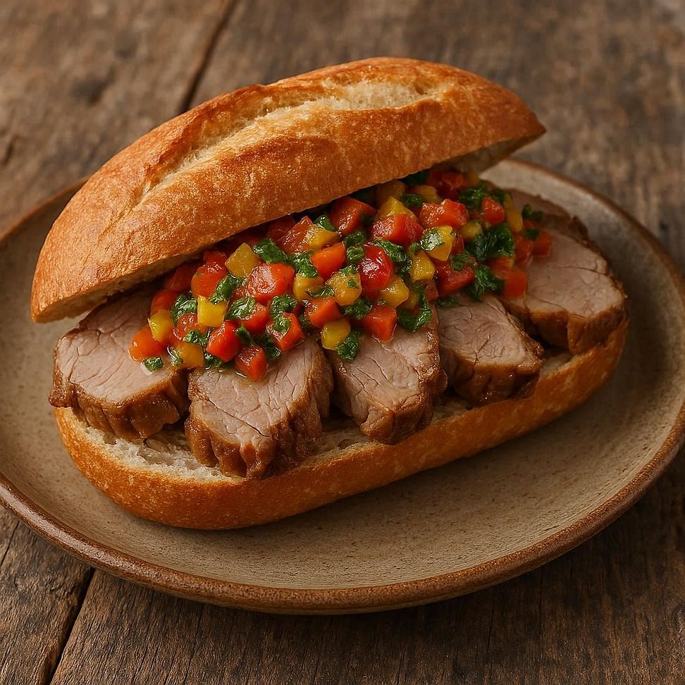 Sanduíche com pernil fatiado e vinagrete colorido no pão francês, servido em prato rústico.