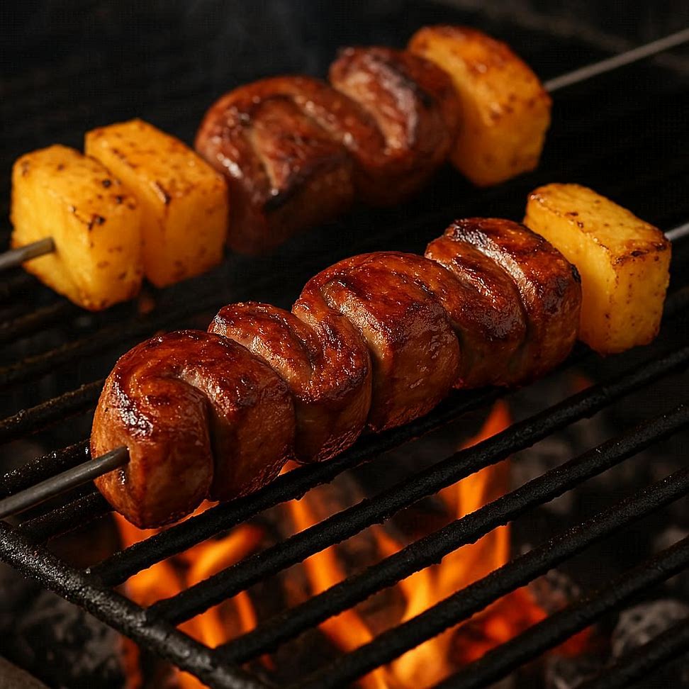 Espeto de picanha suína com abacaxi dourado na grelha.