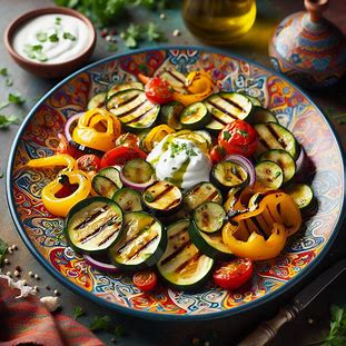 Salada morna de legumes grelhados com molho de iogurte e limão em prato colorido.