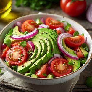 Salada cremosa de abacate com tomate e cebola roxa servida em tigela branca.