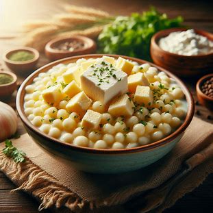 Tigela de canjica salgada cremosa com cubos de queijo coalho derretidos.