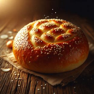 Pão de cebola dourado e fofo, decorado com gergelim branco na superfície.