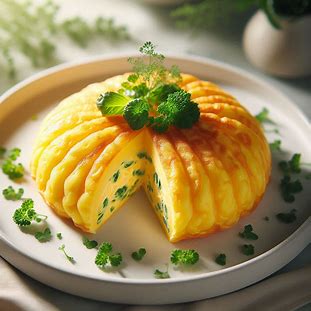 Omelete de tapioca dourada com recheio de queijo e ervas frescas servida em prato branco.