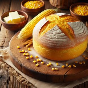 Pão amarelo de fubá com superfície enfarinhada, servido em tábua de madeira.