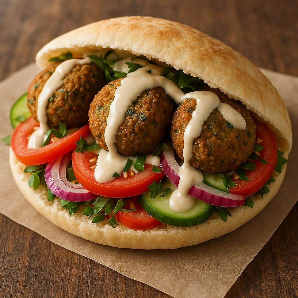 Sanduíche de falafel com molho de tahine e legumes frescos em pão pita.