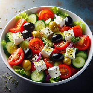 Salada mediterrânea colorida com queijo feta, pepino, tomate e azeitonas pretas em tigela branca.