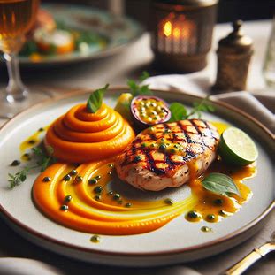Filé de frango grelhado com molho de maracujá e purê de cenoura em prato elegante.