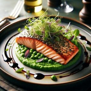 Read more about the article 🐟 Salmão Grelhado com Crosta de Ervas e Purê de Ervilhas