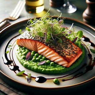 Filé de salmão grelhado com crosta de ervas sobre purê verde de ervilhas em prato gourmet.