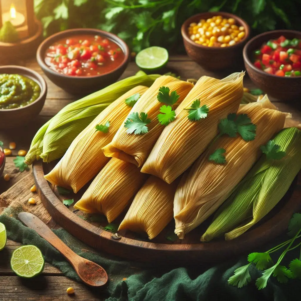 Pamonhas embrulhadas em palha de milho, dispostas sobre mesa rústica.