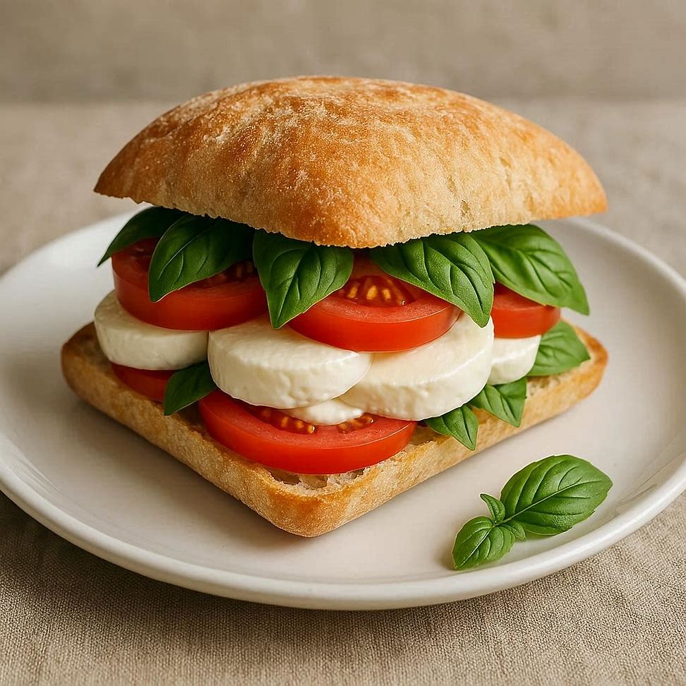 Sanduíche Caprese com mussarela de búfala, tomate e manjericão no pão ciabatta, servido em prato branco.