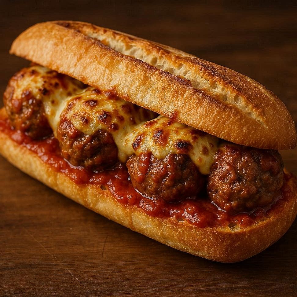 Sanduíche de almôndega com molho de tomate e queijo gratinado em pão baguete.