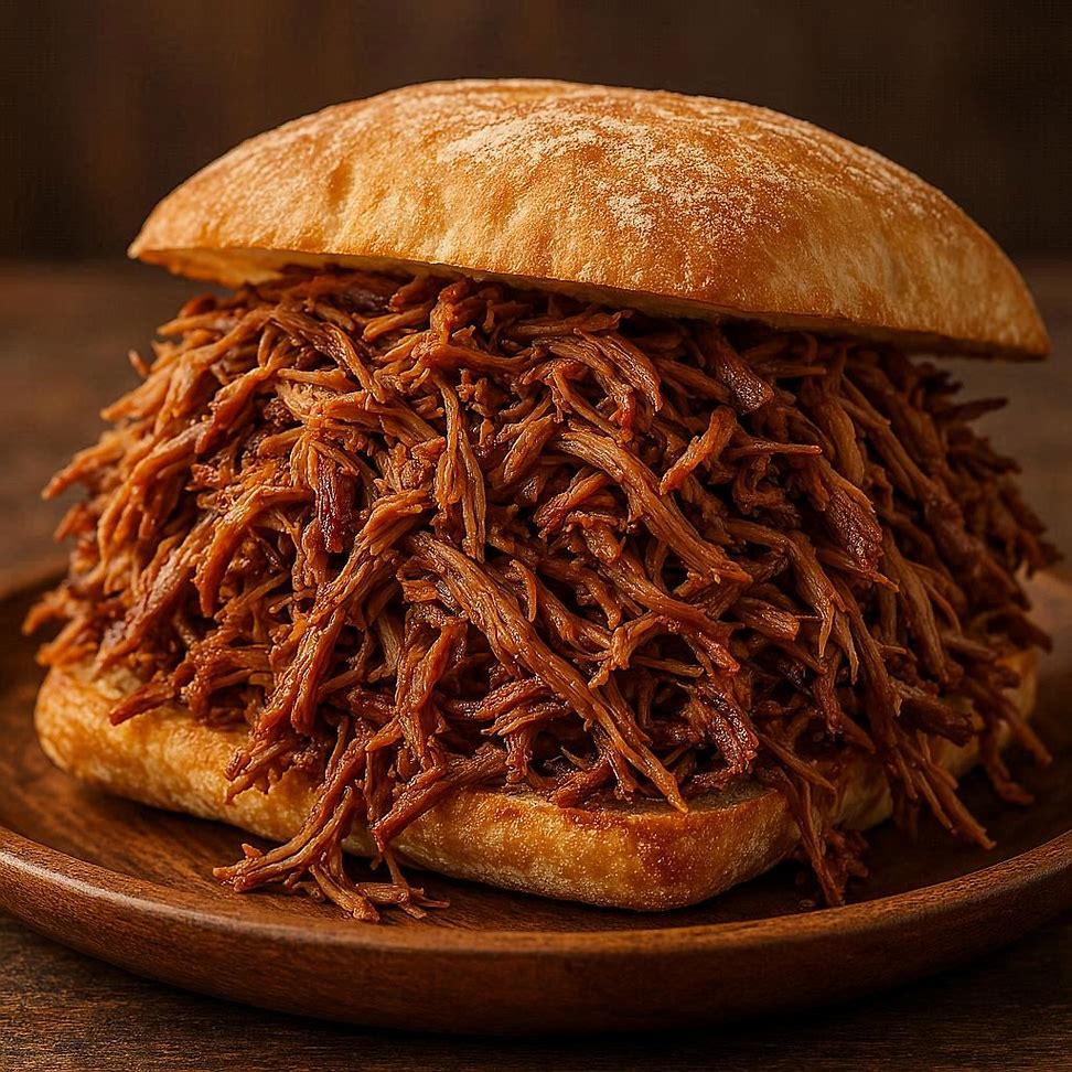 Sanduíche de carne louca com carne desfiada em pão ciabatta, servido em prato de madeira.