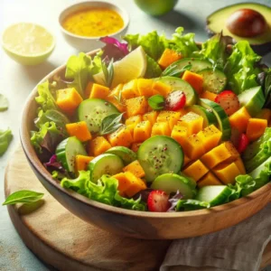 Read more about the article 🥗 Salada Tropical com Manga, Abacate e Molho Cítrico de Laranja