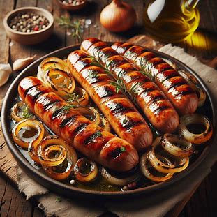 Linguiças artesanais douradas na grelha com cebolas grelhadas e azeite por cima.