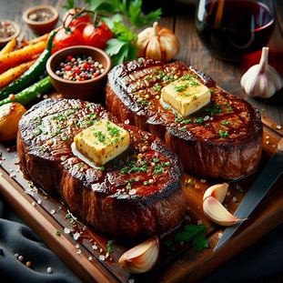 Bifes de contra-filé grelhados com manteiga de alho e salsa sobre tábua rústica.