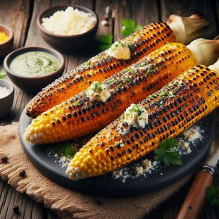 Espigas de milho assadas na brasa com manteiga de ervas e queijo ralado por cima.