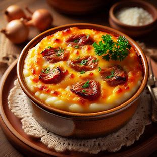 Escondidinho de carne seca gratinado com purê de mandioca e queijo dourado em recipiente de cerâmica.