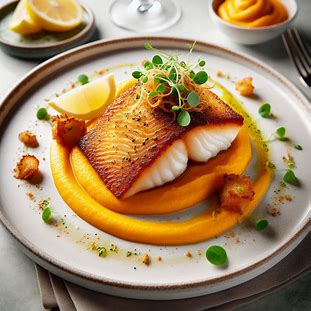 Tilápia com crosta de castanha e purê de abóbora servida em prato branco com raspas de limão.