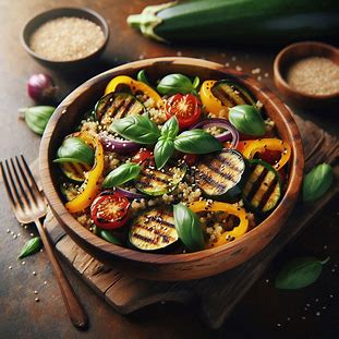 Salada de quinoa colorida com legumes grelhados e folhas de manjericão servida em tigela rústica.