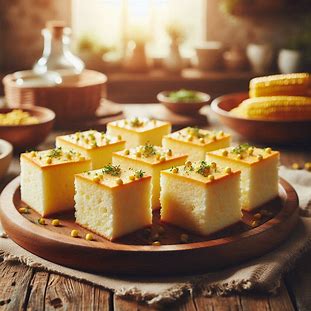 Bolo de milho cremoso cortado em quadrados sobre prato rústico.