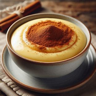 Curau cremoso servido em tigela com canela polvilhada por cima.