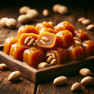 Pedaços de pé de moleque dourados com amendoim inteiro.