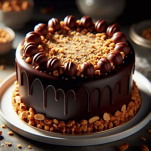 Bolo escuro com pedaços de amendoim espalhados por cima e ao redor.