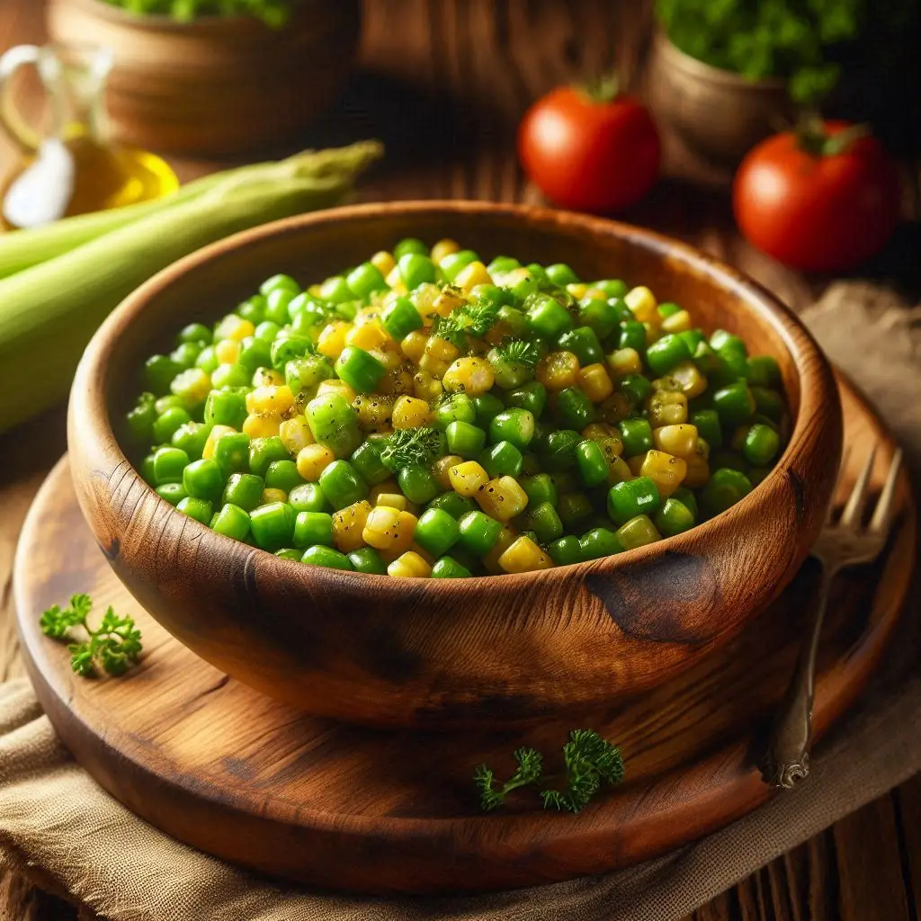 Milho verde refogado servido em tigela rústica com ervas por cima.