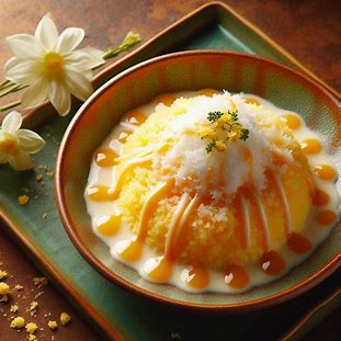 Cuscuz doce amarelinho coberto com coco ralado e leite condensado.