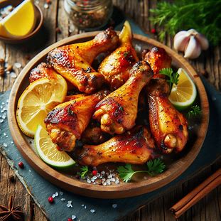 Asas de frango douradas na brasa com ervas frescas e limão fatiado ao lado.