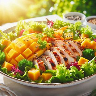 Salada tropical com tiras de frango grelhado, cubos de manga e folhas verdes frescas.