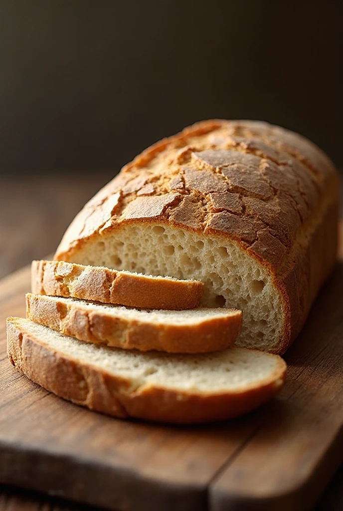 Pão rústico claro, com superfície craquelada e fatias grossas.