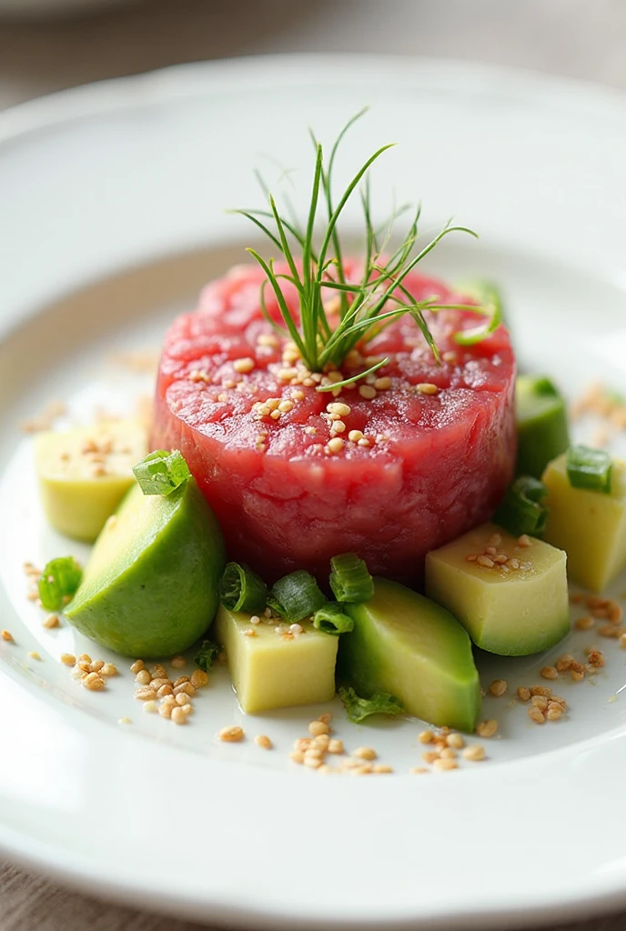 Tartar de atum fresco com cubos de abacate, cebolinha e gergelim torrado servido em prato branco elegante.