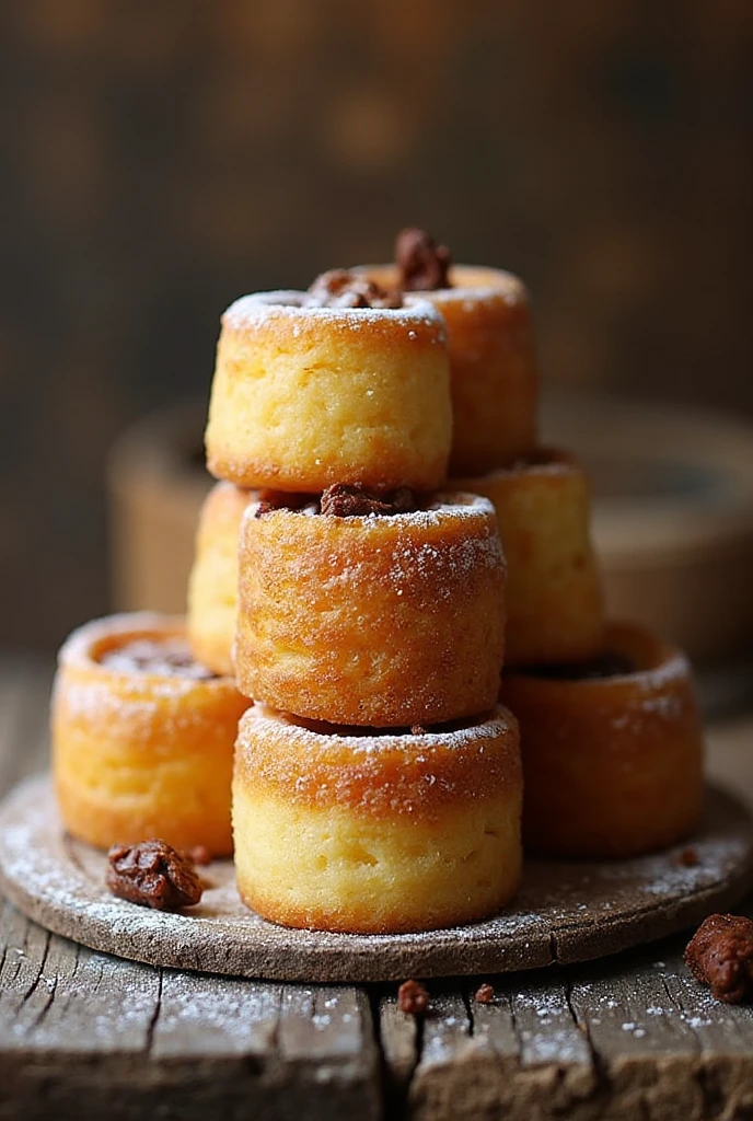 Paçocas caseiras redondas empilhadas em superfície rústica de madeira.