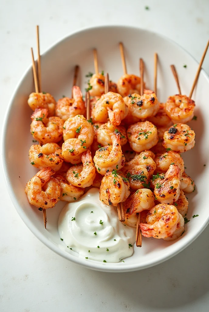 Espetinhos de camarão grelhados servidos com molho de iogurte e hortelã em tigela branca.