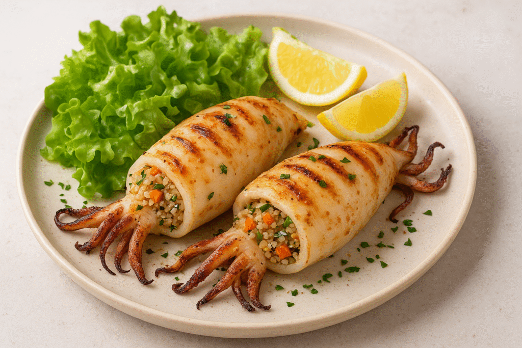 Lulas recheadas com legumes e quinoa grelhadas, servidas com salada verde e rodelas de limão.