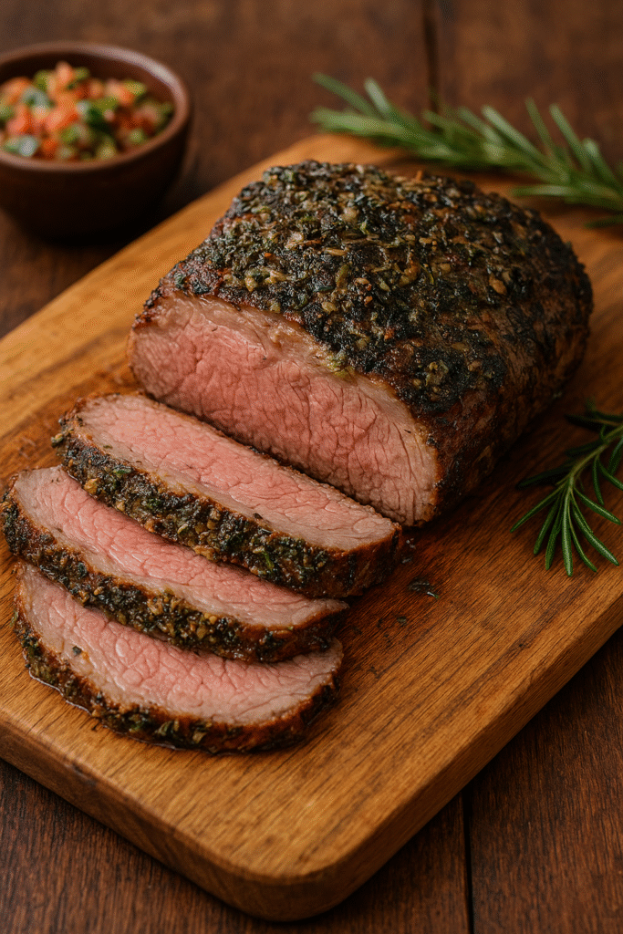 Maminha assada na brasa com crosta de ervas e alho, fatiada em tábua de madeira.