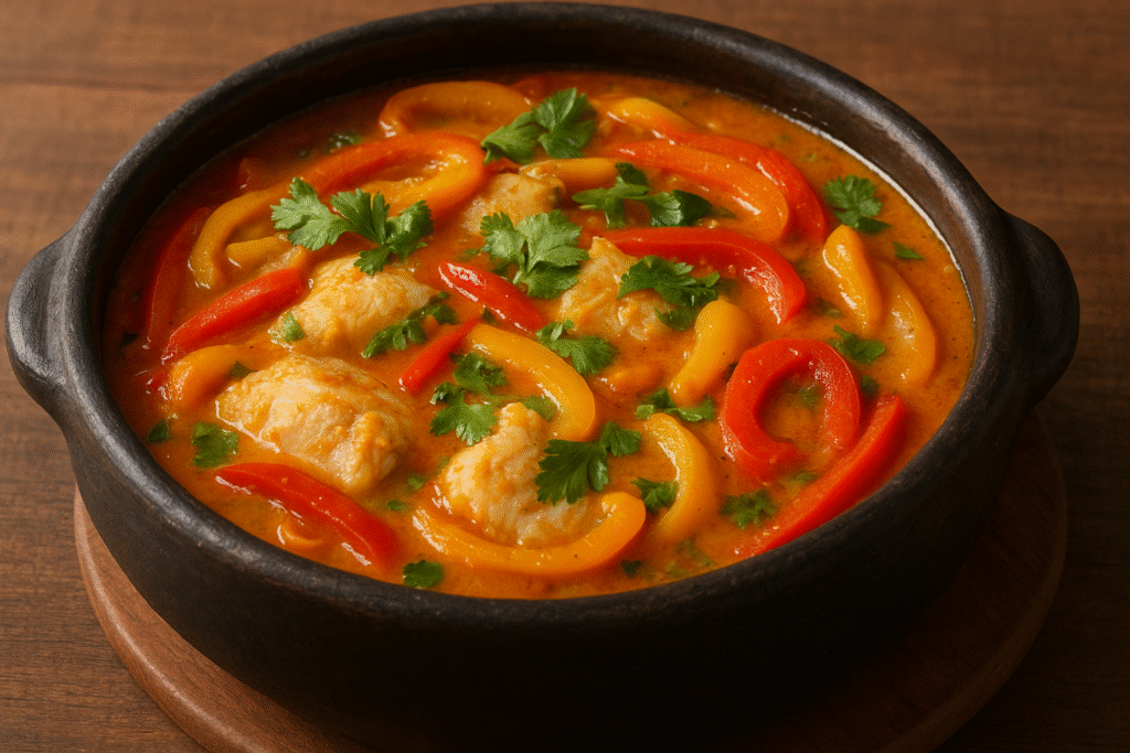 Moqueca capixaba de badejo servida em panela de barro, com pimentões coloridos e coentro fresco.