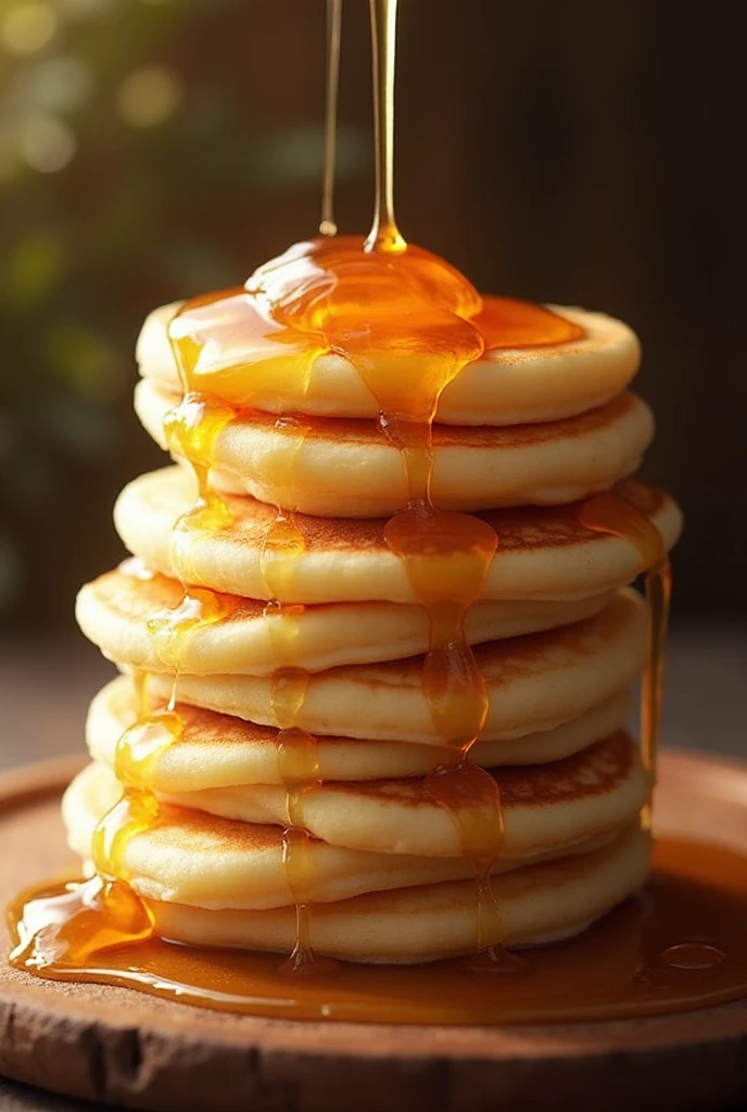 Panquecas fofas empilhadas com mel escorrendo pelas bordas.