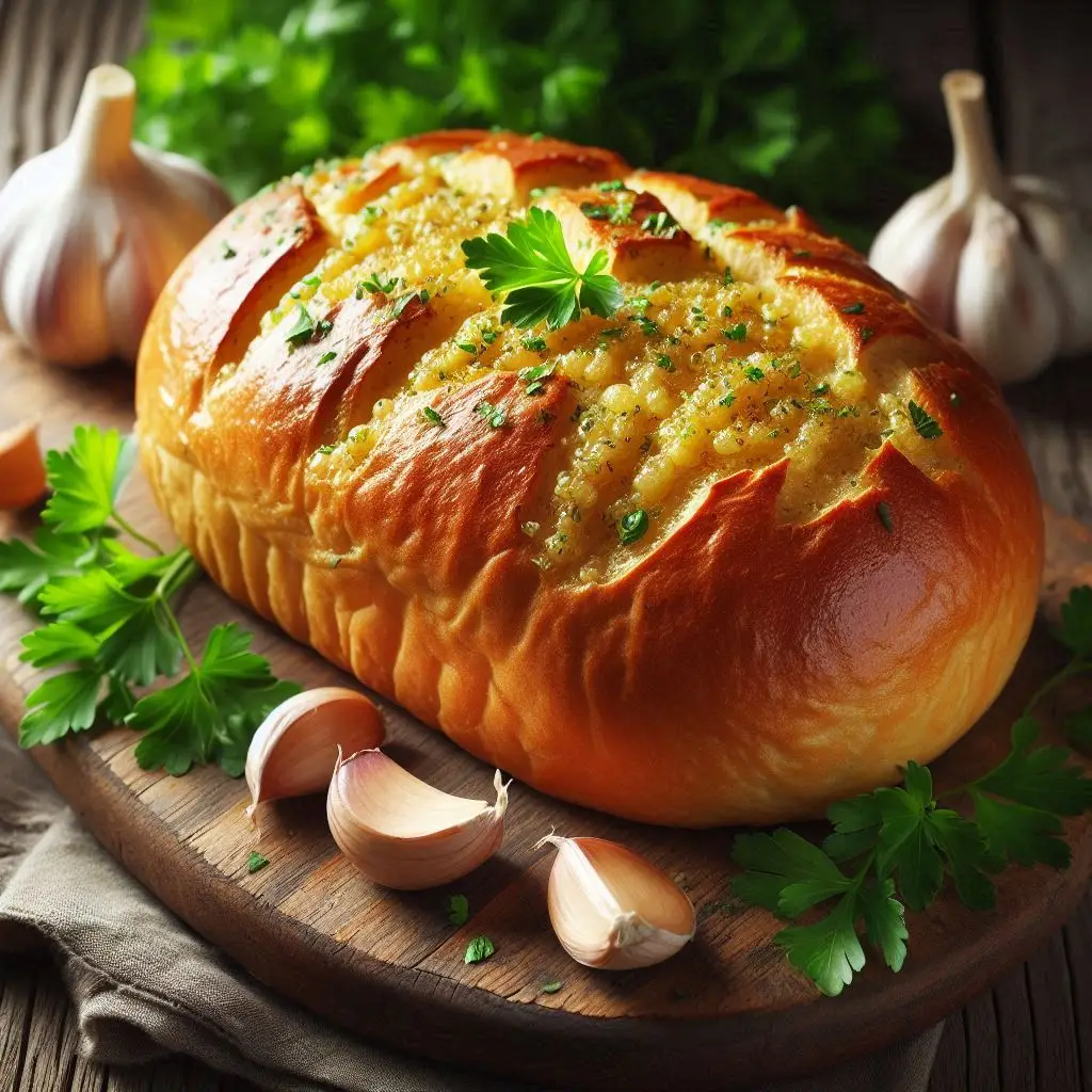Pão dourado com pasta de alho derretida e salsinha sobre a superfície.