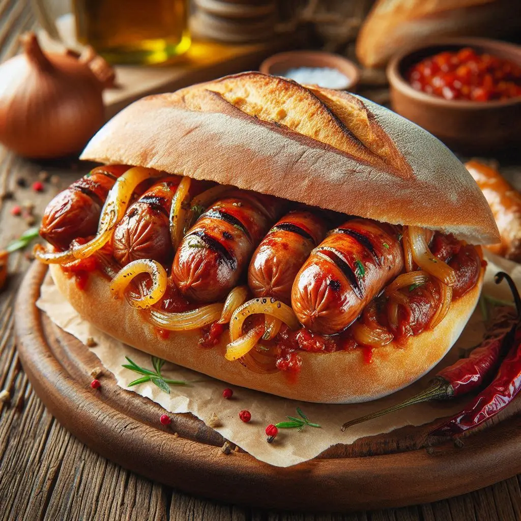 Sanduíche de linguiça calabresa acebolada servido em pão francês.