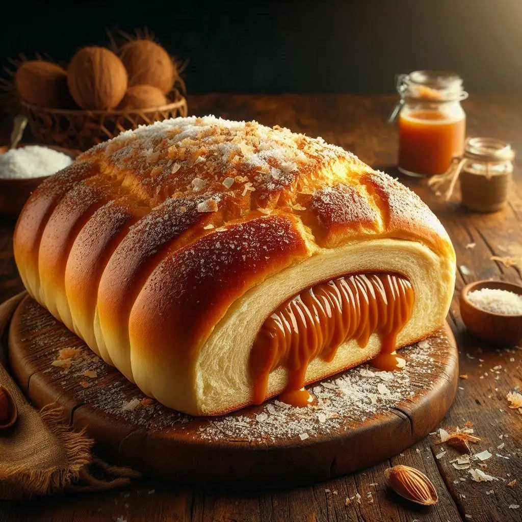 Pão recheado com doce de leite e coco ralado.