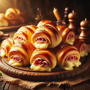 Enroladinhos dourados feitos com pão de forma, recheados com presunto e queijo derretido.