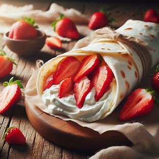 Wrap aberto mostrando creme claro de ricota com morangos fatiados frescos.