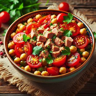 Tigela com mistura de grão-de-bico, atum, tomate e temperos frescos.