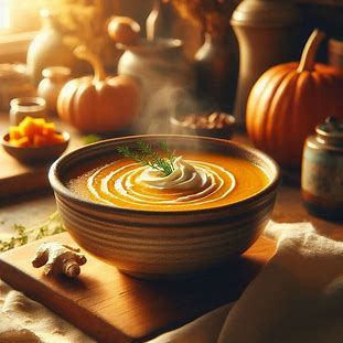 Sopa cremosa de abóbora com gengibre servida em tigela rústica com fio de creme.