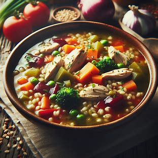Sopa de cevada com frango e legumes servida em tigela funda, cheia de cores e textura.